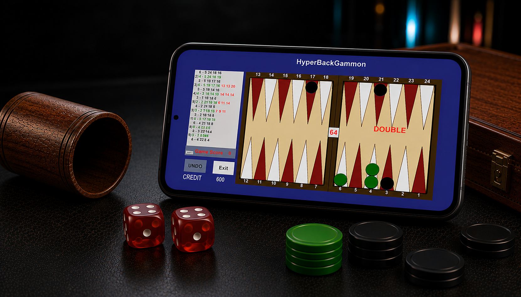 Landscape phone displaying a Hyper Backgammon board with dice and game pieces