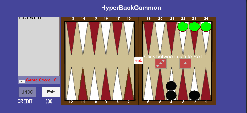 Hyper Backgammon board after the first move with dice ready to roll