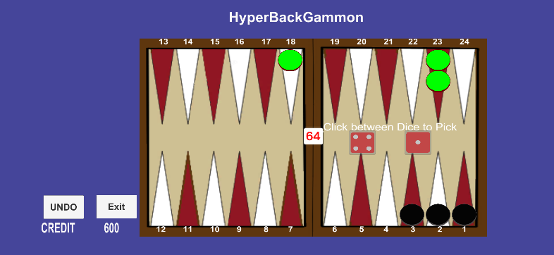 Hyper Backgammon board showing dice and a legal move selection