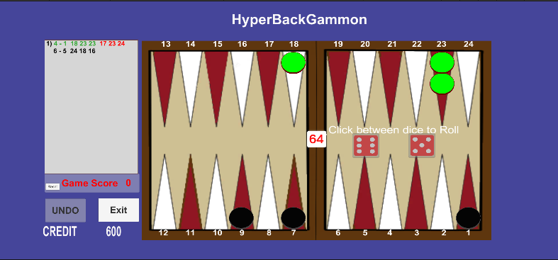 Hyper Backgammon match in progress with move history and dice