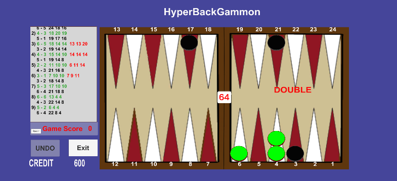 Hyper Backgammon board showing a double decision
