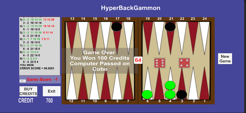 Hyper Backgammon game over screen showing cube pass and credit result